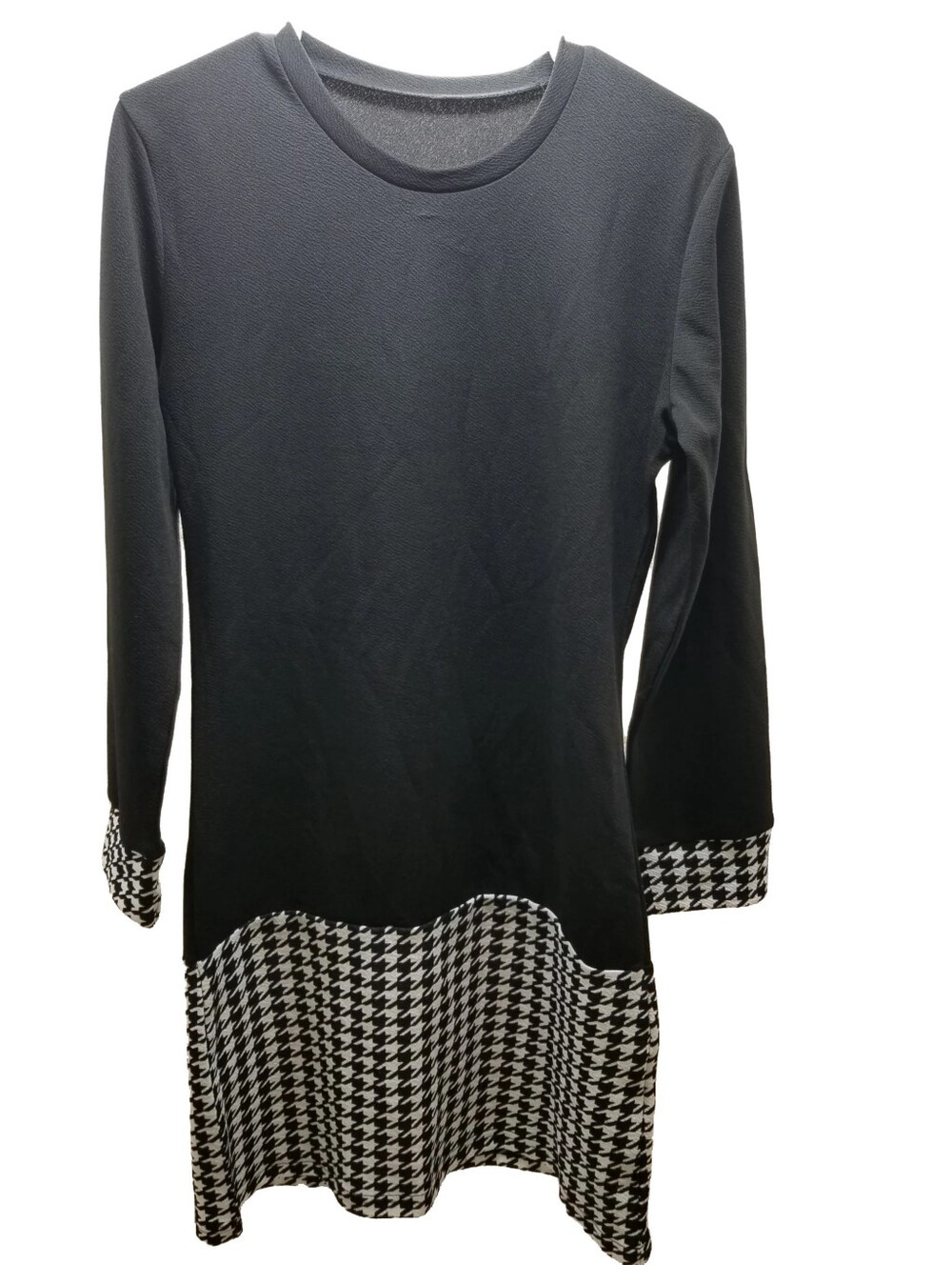 Black Long Sleeve Dress with Houndstooth Hem and Cuffs Size Medium